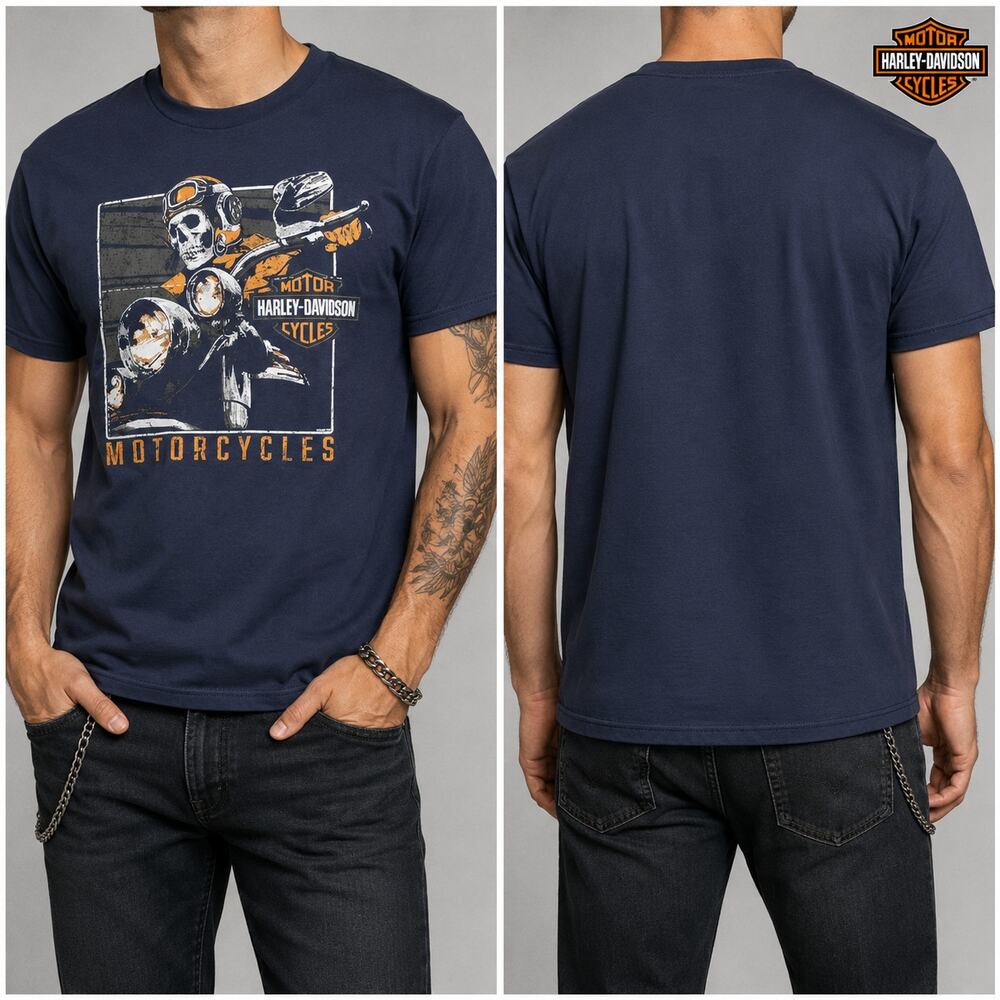 Harley Davidson T Shirt Mens XL Navy Motorcycle Graphic Made USA Biker NWOT
